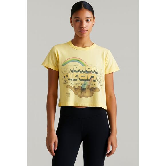 HONOR THE GIFT Women's Palms Cropped Graphic T-Shirt Small Yellow Blonde NWT - Picture 1 of 9